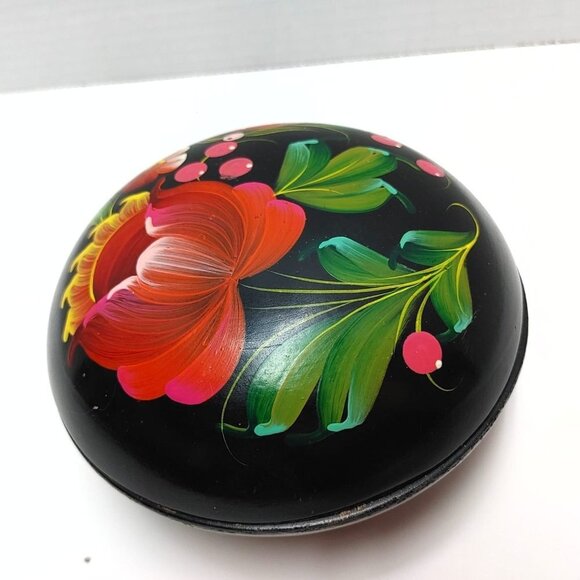 Black Wooden Russian Jewelry Folk Floral Box 80s Trinket Lidded Bowl handpainted - Picture 4 of 7